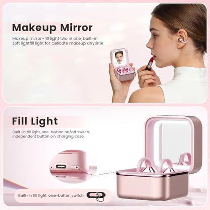 Clip On Ear Headphones with a Makeup Mirror, Open Ear Earbuds Wireless Bluetooth Earbuds,Ultra-Long Battery Life, for Android/iOS Phones (Rose Gold) - color: Rose gold