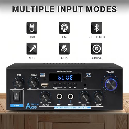 AK55 Stereo Audio Amplifier,600W 2 Channel with Bluetooth 5.0 | Power Stereo Amplifier Receiver with USB,RCA,AUX,MIC,Echo,Coax,Optical Input for Garage, Studio,Home Theater Speakers - color: Black
