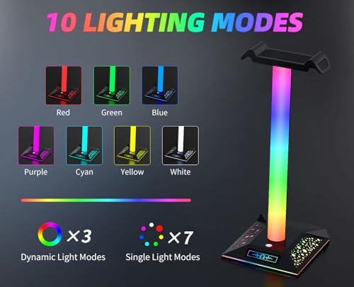 RGB Gaming Headset Stand, LED Headset Holder with 10 Lighting Modes, Headphone Stand Cool Stuff for Boys, Desk PC Gaming Accessories Gifts for Gamers Men Adult, Medium - color: White Black