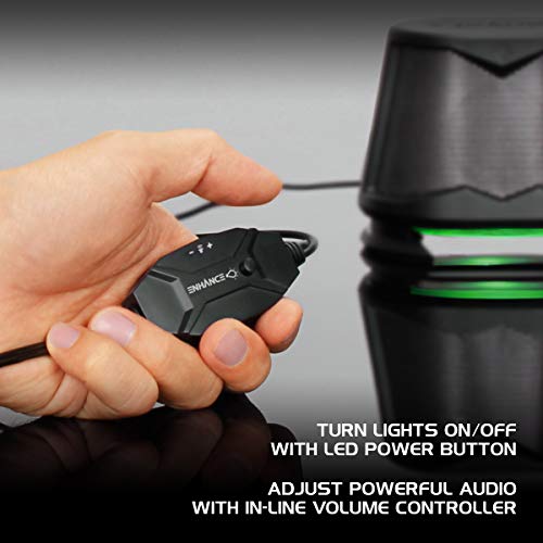 ENHANCE SB2 USB Computer Speakers, 2.0 Stereo with Green LED Lighting, 10W Peak High Excursion Drivers, 3.5 mm Aux, in Line Volume and Light Switch, PC Laptop Desktop - color: Green