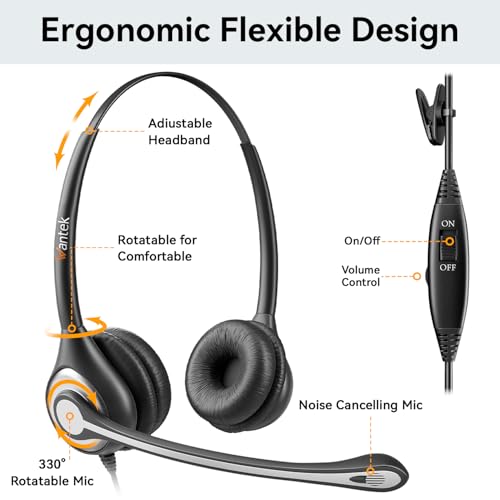 Wantek Phone Headset with Microphone Noise Cancelling, Telephone Headsets 2.5mm Jack Work for Panasonic AT&T ML17929 Vtech RCA Cisco Uniden Polycom Grandstream Home Office Cordless Phones(F602J25P)