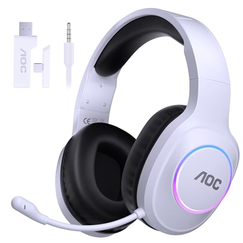 AOC PS5/4, 스위치, PC와 호환되는 무선 게이밍 헤드셋 - 화이트 | USB-C 및 블루투스 5.4 및 2.4GHz 게이밍 헤드폰, 노이즈 캔슬링 마이크, 7.1 가상 서라운드, 20ms 대기 시간, 45H, RGB - color: 화이트.