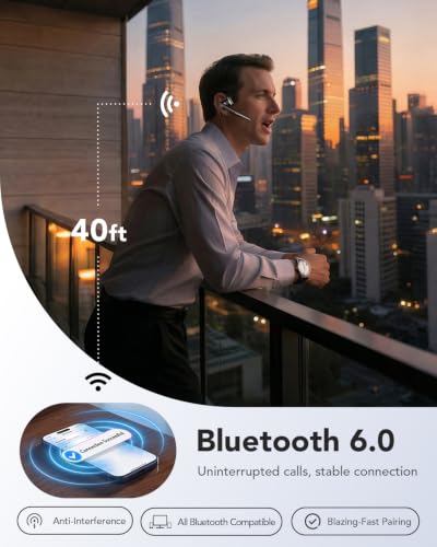Bluetooth 6.0 Open-Ear Headset with Noise-Canceling Microphone | 96-Hour Talk Time, 950mAh Charging Case and Mute Button for Truckers, Work, iOS, Android and Laptops