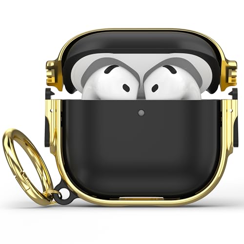 for AirPods 4 Case with Safety Lock, Magsafe Compatible, Gold/Black | Double Secure Lock,Drop Protection,Two-Piece Design,with Gold Keychain, Anti Lost, Dustproof, Cute AirPod 4 Case - color: Gold+Black, size: AirPods 4 Case