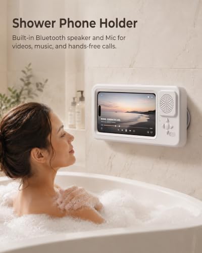 Shower Phone Holder Waterproof with Wireless Bluetooth Speaker | IP67, Anti-Fog HD Touch Screen, Bathroom Wall Mount Phone Case, 360° Rotating, Hands-Free Calls, Fits 4.7-7" Phones