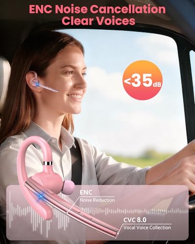 New Bee Bluetooth Headset V5.1 72H Talk Time Dual Mic with Mute Button for Business, Wireless Hand-Free Bluetooth Earpiece with 500mAh Charging Case for Cell Phone Calls Trucker Driver Laptop - color: Pink, style: M54