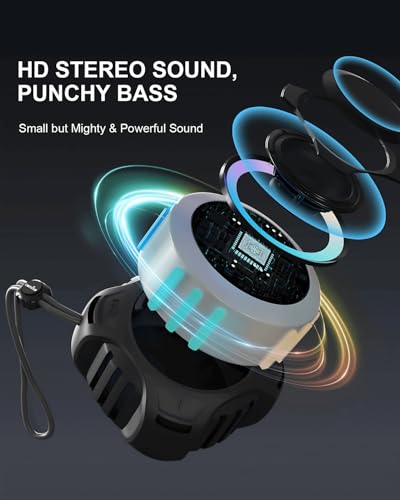 comiso Shower Speaker, Portable Speaker with Robust Bass, IP67 Waterproof | Bluetooth Speaker with LED Light, Floating, Stereo Sound, 2000mAh, Lanyard, Great for Kayak, Travel, Beach, Gift for All Ages - color: Black