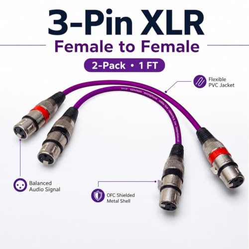 2-Pack Balanced XLR Female to Female Cable 1ft, Triple Shielded OFC Patch Cable for Studio Rack, Mixer, Patch Bay, DMX, for Shure, for Focusrite Scarlett