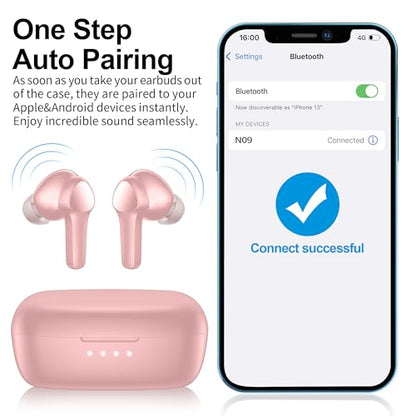 Wireless Earbuds,Bluetooth 5.3 Ear buds Immersive Sound Hi-Fi Stereo IPX8 Waterproof Headsets Premium Deep Bass Headphones with 4 Mics Call Noise Cancelling Earphones for iOS,Android,Workout - Pink - color: Pale Pink