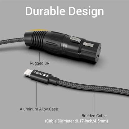 Cubilux XLR Female to Lightning Microphone Cable for Recording, Karaoke, XLR Dynamic Microphone to Lightning Braided Cable for iPhone 14/13/12 pro max, iPad 9/8/7, iPod, 2m/6.5FT
