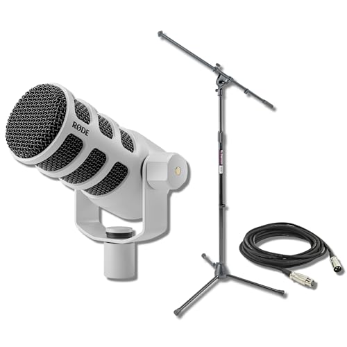 Rode PodMic USB White + Tripod Boom Stand - Podcast Microphone Bundle