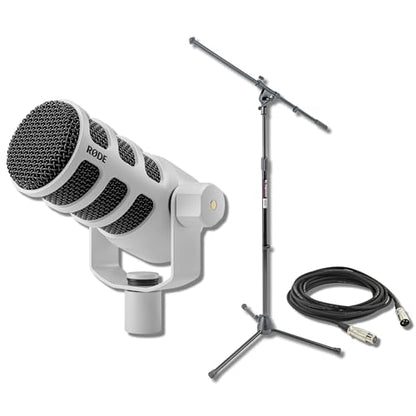 Rode PodMic USB White + Tripod Boom Stand - Podcast Microphone Bundle