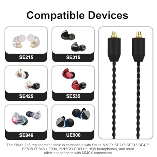 SE215 Cable Compatible with Shure SE215, SE215 PRO, SE315, SE425, SE425 PRO, SE535, SE846, AONIC 3, AONIC 4, AONIC 5 Earphone, MMCX Cable 3.5mm for PS4, PS5, Tablets, Laptops, Smartphones, 4ft