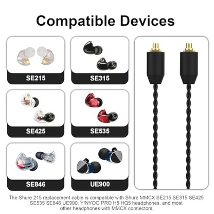 SE215 Cable Compatible with Shure SE215, SE215 PRO, SE315, SE425, SE425 PRO, SE535, SE846, AONIC 3, AONIC 4, AONIC 5 Earphone, MMCX Cable 3.5mm for PS4, PS5, Tablets, Laptops, Smartphones, 4ft