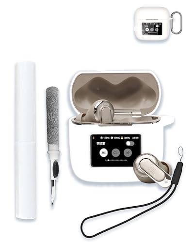 Case for JBL Tour Pro 3 - True Wireless Noise Cancelling Earbuds, Soft Silicone Protective Portable Scratch Shock Resistant with 2pack Screen Protector &Cleaner Kit & Carabiner & Lanyard，White - color: WHITE