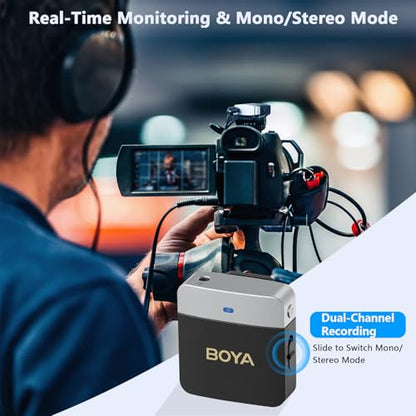 BOYA Wireless Lavalier Microphone BY-M1V2 Dual Channel Wireless Microphones for Cameras DSLR Smartphone Cordless Clip on Lapel Mic for Video Recording YouTube Vlogging Live Streaming Interview - size: BY-M1V2