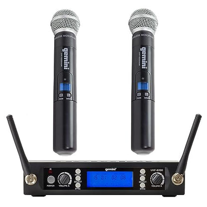 Gemini UHF Dual Wireless Handheld Microphone System (UHF-6200M) | Dual-channel UHF handheld mics, 512-537.5 MHz - auto SYNC pairing - 2 XLR outs + 1/4" summed mix out - LCD, 1U rack mount - style: Dual Wireless Handheld Mic System