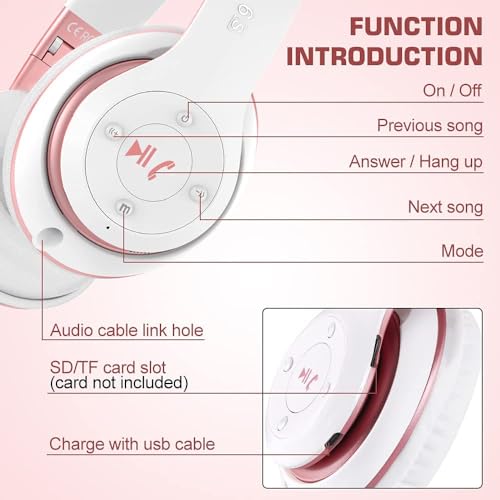 6S Wireless Bluetooth Headphones Over Ear, Hi-Fi Stereo Foldable Wireless Stereo Headsets Earbuds with Built-in Mic, Volume Control, FM for Phone/PC (White & Rose Gold) - color: Pink