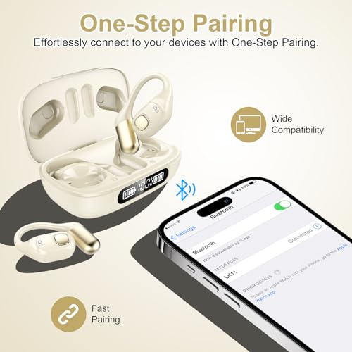 Open Ear Earbuds, Bluetooth 5.3 Wireless Air Conduction Headphones with Mic, LED Display Charging Case&Fast Charging, Ultra-Light Weight, 80H Playtime Earbuds for Work, Sports (White) - color: White