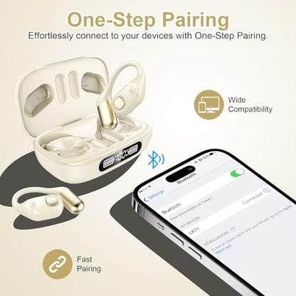 Open Ear Earbuds, Bluetooth 5.3 Wireless Air Conduction Headphones with Mic, LED Display Charging Case&Fast Charging, Ultra-Light Weight, 80H Playtime Earbuds for Work, Sports (White) - color: White