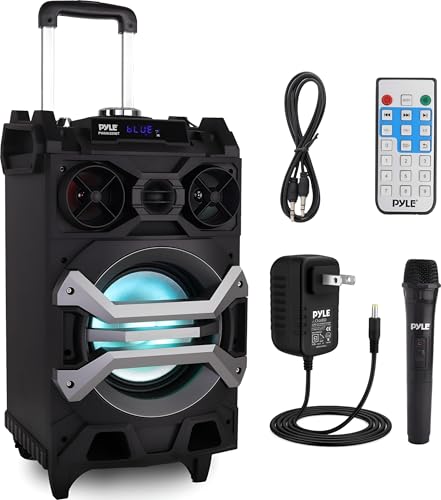 Pyle 500 Watt Portable BT Connectivity Karaoke Speaker System - PA Stereo with 8" Subwoofer, DJ Lights Rechargeable Battery Microphone, Recording Ability, MP3/USB/SD/FM Radio - PWMA325BT