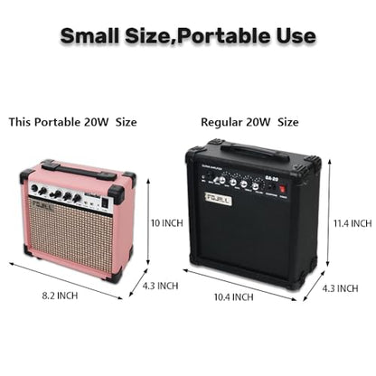 Fojill 20W Watt Electric Guitar Amplifier Amp Practice Small Portable Travel Mini Amp with 3.5 Headphone Jack Aux Distortion Gain Treble Bass Volume (Pink, 20W) - color: Pink