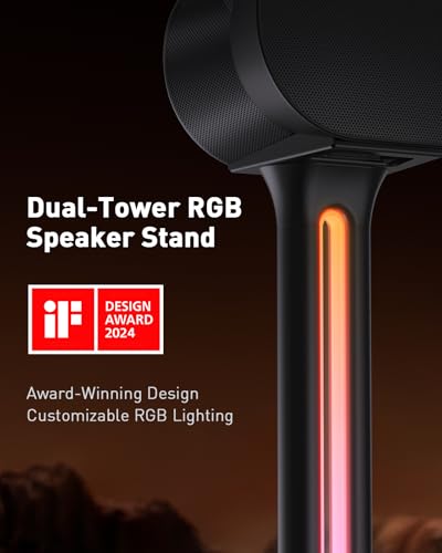 Perlegear Speaker Stands Pair Sonicbeam™ with RGB Lighting for Sonos Era 300, Era 100 & One SL, Universal Surround Sound Speaker Stand Holds to 22 lbs with Cable Management, App & Remote Control - size: Black with LED Light