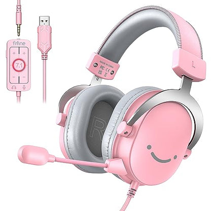 FIFINE USB Gaming Headset, PC Over-Ear Wired Streaming Headset with 3.5mm Jack, Detachable Microphone, 7.1 Surround Sound, Control Box, Passive Noise Cancellation, for PS5/Xbox/Switch-H9 Pink | Balanced Audio, 7.1 Surround Sound, Total 10ft Long Cable, De