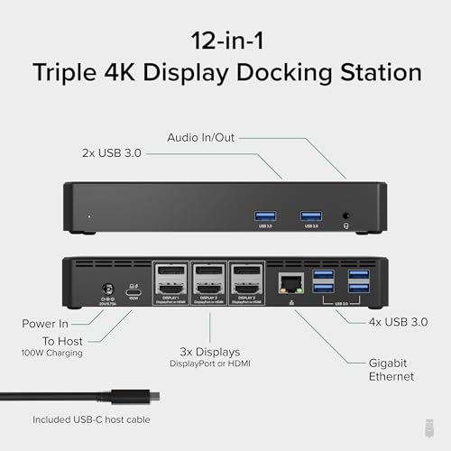 Plugable 12-in-1 USB C Triple 4K Docking Station, Three Displays with 3X HDMI or DisplayPort, Compatible with Mac M1 - M5 & Neo, Windows, Thunderbolt, USB4, USB-C (100W PD, 6X USB Ports, Ethernet)