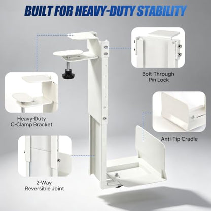 Adjustable Under Desk PC Mount, Heavy Duty No Drilling Clamp Mount on Desk Fits Most PC Tower 14.5”-22.4” (H) , Thickened & Ultra Strong CPU Holder for Standing Desk & Home Office, White - color: White