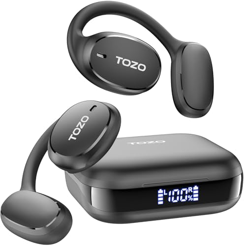 TOZO OpenEgo Open Ear Earbuds 80H Bluetooth 5.3 Headphones Sport Earbuds | Open Ear Structure with Earhooks, 32 EQ Modes, Digital LED Display,HD Clear Calls, Comfort Wear For Running, Travel, Office - color: Black
