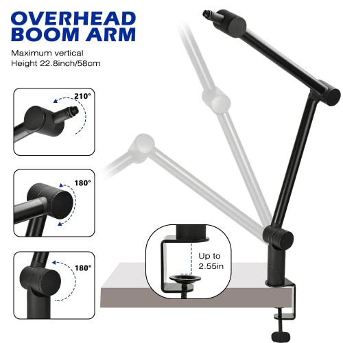 Boom Arm Mic Stand - Adjustable Heavy Duty Suspension Boom Scissor Arm Stand with Cable Management Channels, Desk Clamp for Podcasts, Streaming, Gaming, Home Office, Recording (Black)