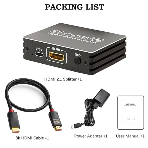 BolAAzuL HDMI 2.1 Splitter 1 in 2 Out 4K 120Hz w/ 8K HDMI Cable & Power | 8K 60Hz HDMI Y Splitter 1x2 with Audio Out for Dual Monitors Duplicate, HDCP 2.3 HDR 48Gbps VRR ALLM, for PS5/Xbox/PC/TV