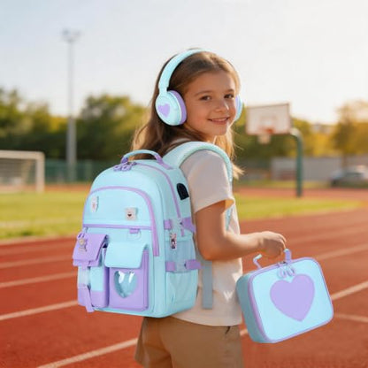ACESAK Backpack for Girls with Headphones - Girls Backpack with Lunch Box, Pencil Case & Kids Headset - 3.5mm Wired Headphones for School Bookbag Schoolbag Set Back To School Gift (Blue Purple) - color: Blue Purple