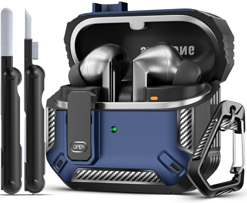 Safety Lock Case for Samsung Galaxy Buds3 FE/3/3 Pro (Blue) | with Secure Lock Clip & Cleaning kit Full Body Shockproof Carbon Fiber Protection Design - color: F-blue