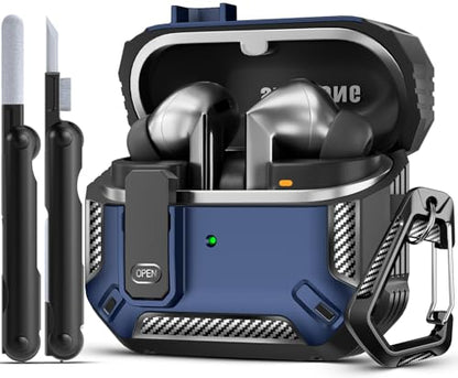 Safety Lock Case for Samsung Galaxy Buds3 FE/3/3 Pro (Blue) | with Secure Lock Clip & Cleaning kit Full Body Shockproof Carbon Fiber Protection Design - color: F-blue