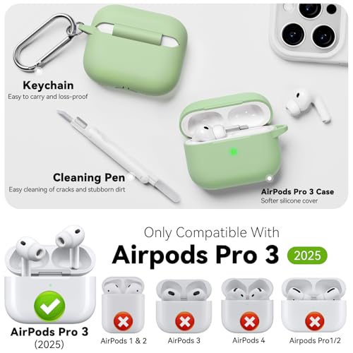 for AirPods Pro 3 Case 2025,Come with Cleaner Kit,Pastel Green | Silicone Protective Cover for Airpod Pro 3rd Generation Case with Keychain,for Women Men,One-Piece Design,Shockproof - color: C-Pastel Green