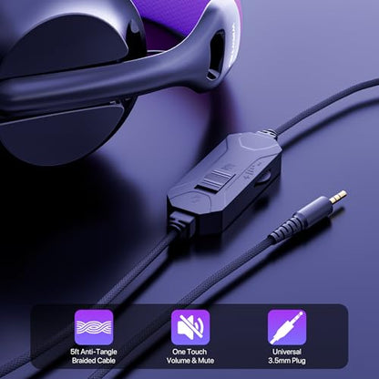 WIRWTRU Wired Gaming Headset for PS5, Xbox, Xbox Series X|S, PC, PS4 | 198g Lightweight Design, Noise Cancelling Microphone, Soft Earmuffs, 3.5mm Jack for Gaming & Work - color: Black&Purple