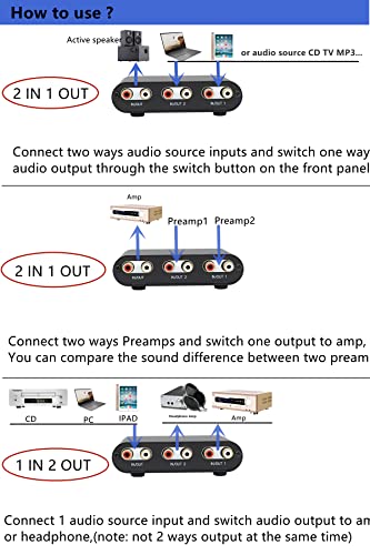 2-Way RCA Stereo Audio Switch Input Signal Source Switcher Selector Splitter Box（2 in 1 Out / 1 in 2 Out）-RC21 - color: 2-way audio switch