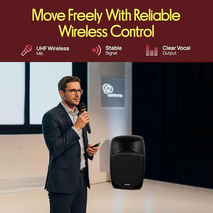 1200W Portable Bluetooth PA Speaker - 12’’ Subwoofer, LED Battery Indicator Lights w/Built-in Rechargeable Battery, MP3/USB/SD Card Reader, and UHF Wireless Microphone - Pyle PSBT125A - size: 12 inch