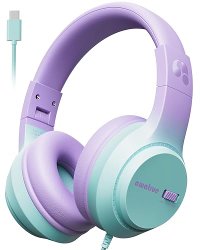 awatrue USB‑C Kids Headphones for School,74‑85‑94dB Limiter, w/Mic HK07C | Foldable Wired Over Ear Headphones, for Toddler School/Travel/iPad/Tablet, Purple-Green - color: USB-C Green‌ Purple