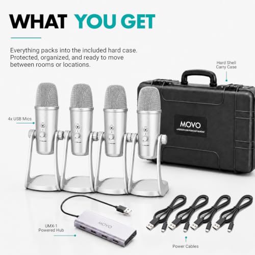 Movo 4-Person USB Podcast Equipment Bundle – 4 Condenser Mics, Hub & Case - color: Silver
