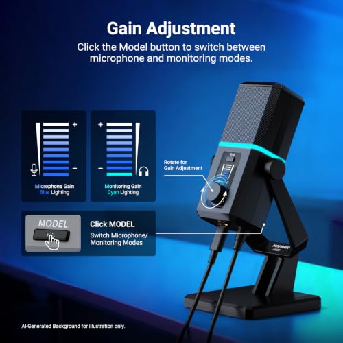 NEEWER UM02 RGB USB Microphone for Gaming Streaming Podcast, Cardioid Condenser Noise Cancellation Desk Mic for Headphone Monitoring Compatible with iPhone iPad Mac PC Android PS5/PS4 Pro/PS4