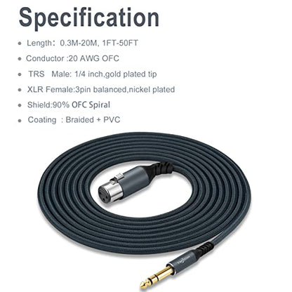 Twozoh XLR Female to 1/4 TRS Cable 15FT, Braided 6.35mm Stereo Jack Balanced to 3pin XLR Microphone Cable - color: 1/4 to XLR Female, size: 15FT