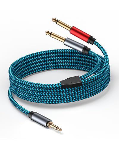 1/8 to 1/4 Stereo Cable, Nylon Braided 3.5mm to 1/4 Cable & Adapter Cord, TRS to Dual 6.35mm TS Unbalanced Breakout Wire for Laptop, Mixer, Amp - 6.6 Ft
