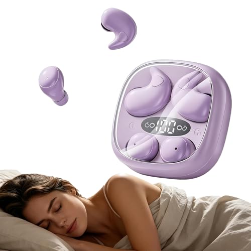 Flat Sleep Earbuds for Side Sleepers, Invisible Mini Earbuds for Small Ear Canals, Bluetooth 5.4, 66H Battery, Noise Blocking, Waterproof, LED Display for Sleep, Work & Travel-Plum