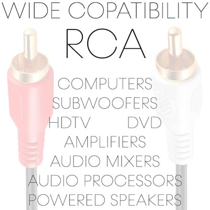 Cmple - 2 RCA Cables 6ft Dual RCA Male to Male Stereo Audio Speaker Cable Red and White Plugs Cord for Subwoofer, Audio Mixer, Amplifier, Car Stereo, Marine Audio - Black - size: 6FT