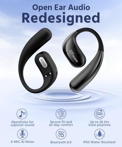 Open Ear Earbuds, Soft Earhook, 56H Playtime, Bluetooth 6.0, Bass - color: Black