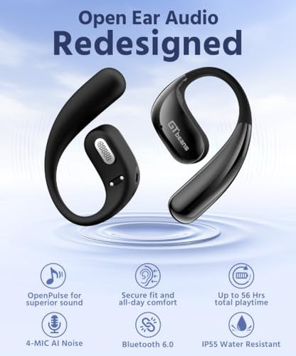 Open Ear Earbuds, Soft Earhook, 56H Playtime, Bluetooth 6.0, Bass - color: Black