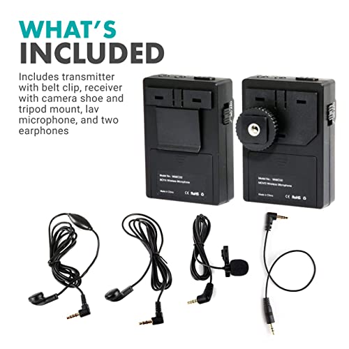 Movo WMIC50 2.4GHz Wireless Lavalier Microphone System with Integrated 164-foot Range Antenna (Includes Transmitter with Belt Clip, Receiver with Camera Shoe, Lapel Mic and 2 Earphones)